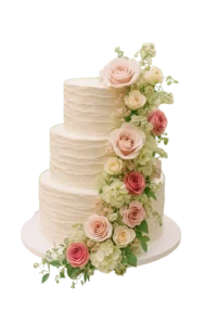 Marriage cake with cascading roses and buttercream swirl tiers, delivered to Botanical Gardens