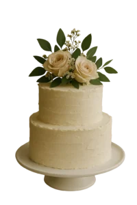 Basic two tier buttercream wedding cake with rough edge texture and florals