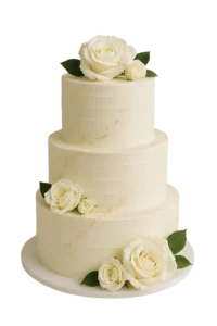 Three tier buttercream wedding cake with white roses and gold leaf at Birmingham hotel wedding