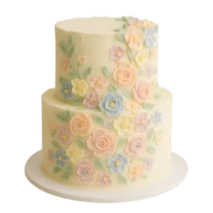 Two tier wedding cake with pastel flowers, piped buttercream detail, Solihull wedding
