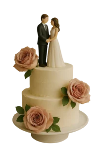 Wedding cake with bride and groom custom topper and fresh roses