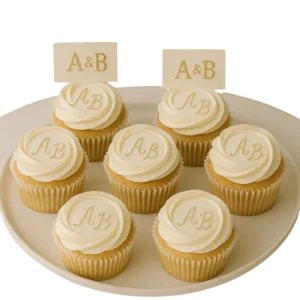 Wedding cupcakes with bride and groom initials in buttercream at Digbeth wedding