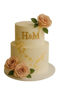 Buttercream wedding cake with gold initials and foil leaf