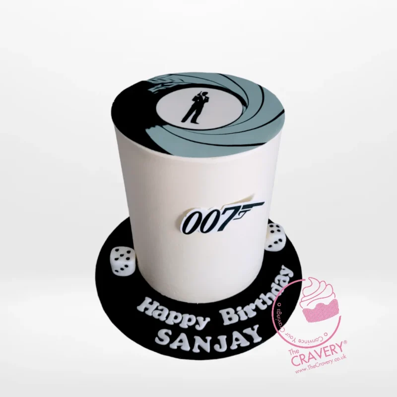 007 Cake, A James Bond-inspired masterpiece from Cravery's birthday cake delivery Birmingham service. 007 Cake, A sophisticated, James Bond-inspired cake from Cravery's birthday cake delivery Birmingham service.