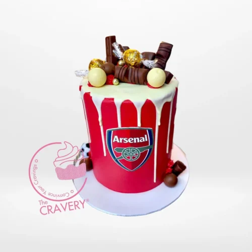 Arsenal Football Cake – A 6-inch, 3-layer cake with edible Arsenal decorations for football fans in Birmingham.