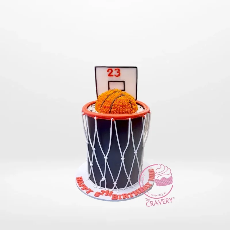 Basketball on Cake – Sports-themed cake for celebrations in Birmingham. Basketball on Cake – A custom basketball-themed cake with a basketball on top, perfect for celebrations in Birmingham.