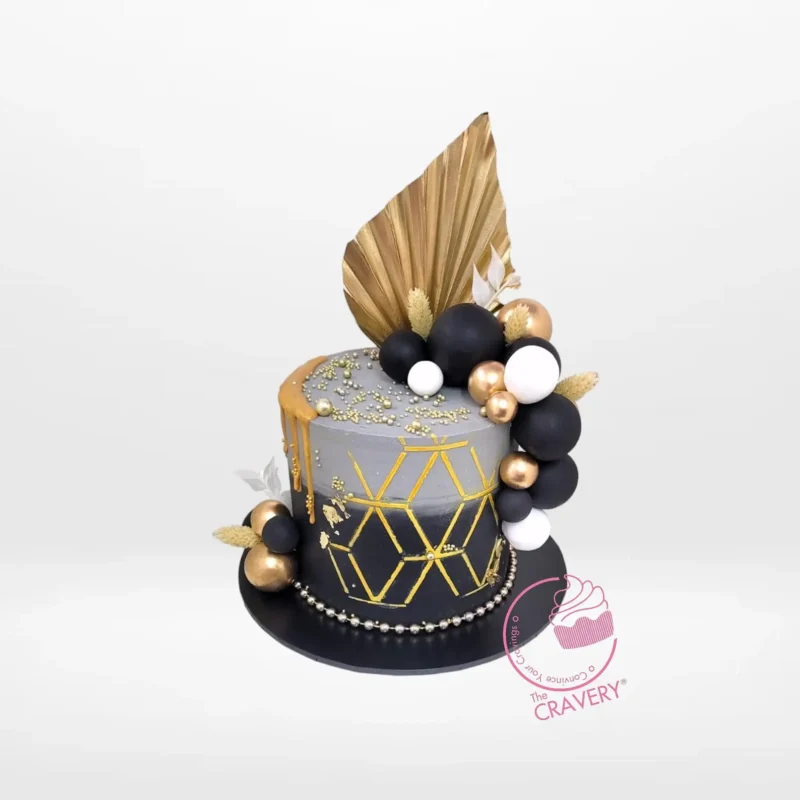 Black and Gold Birthday Cake, The Cravery Cake Shop Moseley Black and Gold Birthday Cake by The Cravery, elegant handcrafted luxury cake available at our cake shop in Moseley.