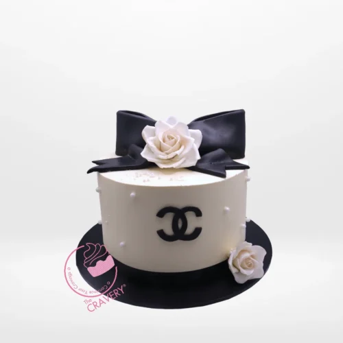 Elegant Chanel-inspired Channel Cake by The Cravery, handcrafted luxury cake from our cake shop in Bearwood.