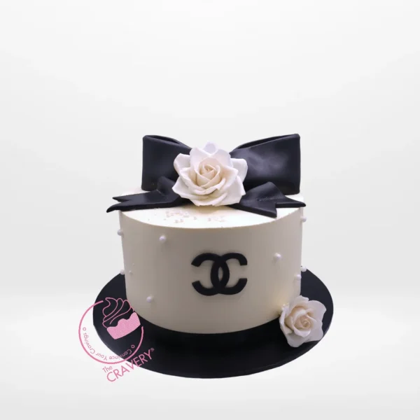 Elegant Chanel-inspired Channel Cake by The Cravery, handcrafted luxury cake from our cake shop in Bearwood.