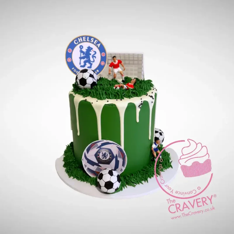 Chelsea Cake from Cravery's Cake Shop Birmingham City Centre. A football-inspired treat for Chelsea FC fans. Chelsea Cake from Cravery's Cake Shop Birmingham City Centre. A football-inspired cake with the Chelsea logo and football-themed decorations.