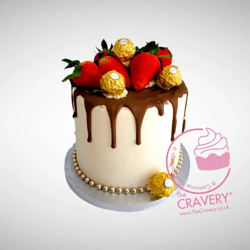 Fresh strawberry-topped cake from The Cravery, a 6-inch, 3-layer birthday cake in Birmingham.