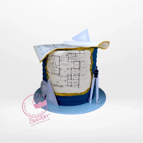 Construction Architect Cake from The Cravery cake shop in Birmingham featuring construction-themed details and architectural prints.