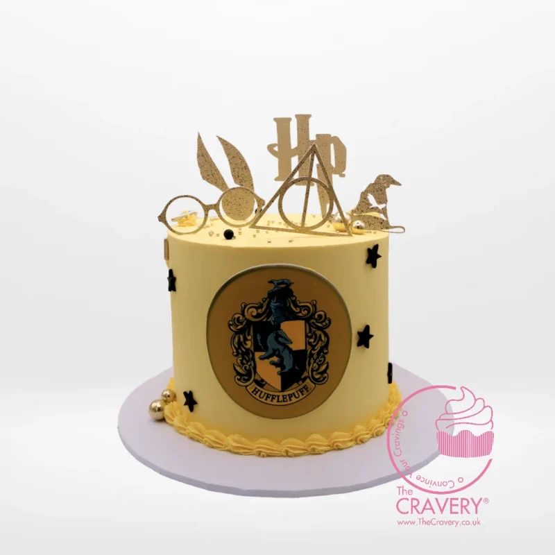 Hufflepuff Cake with Harry Potter inspired decorations from Cake Shop Birmingham