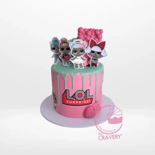 LOL Surprise Cake with vibrant edible prints handcrafted at The Cravery, cake shop Mere Green.