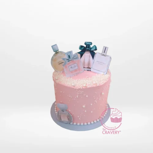 Cakes for Womens Birthday by The Cravery, elegant perfume-themed cake handcrafted by cake makers in Birmingham.