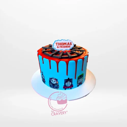 Thomas the Tank Engine cake with blue and red details handcrafted by The Cravery Cake Shop Walsall.