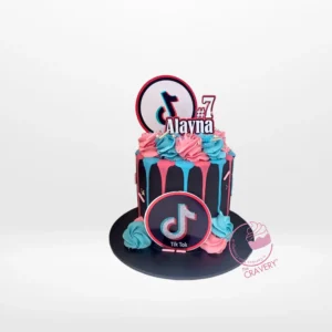TikTok Birthday Cake by The Cravery TikTok Birthday Cake with trendy red, blue, and black TikTok design by The Cravery Cake Artist Solihull.