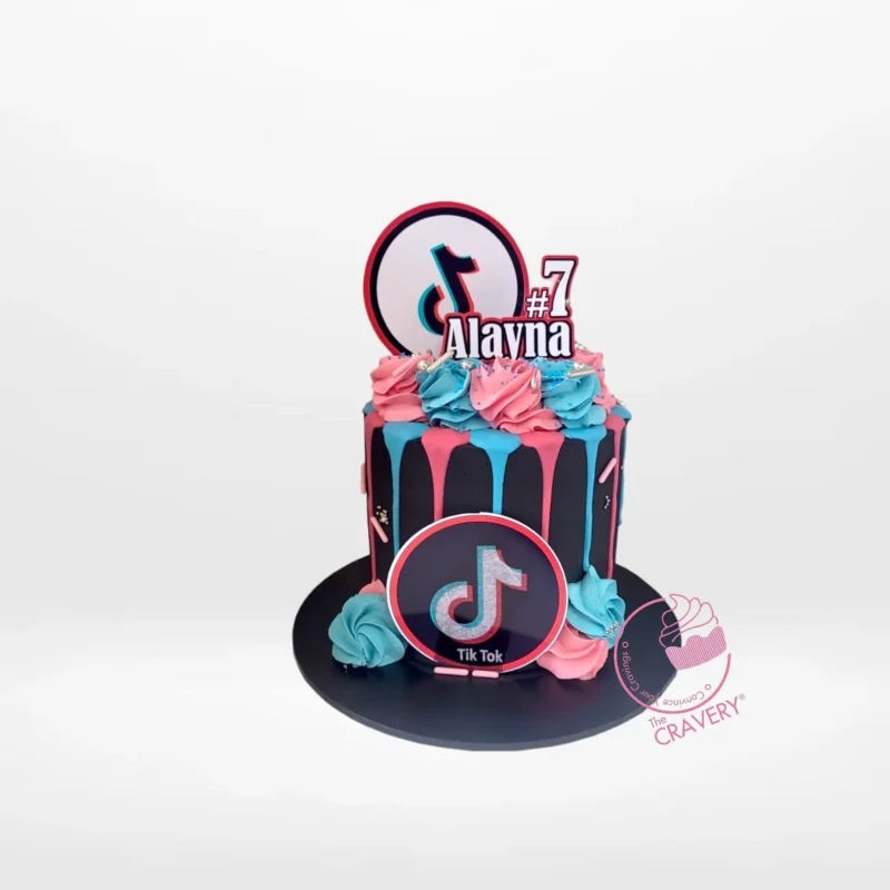 TikTok Birthday Cake by The Cravery TikTok Birthday Cake with trendy red, blue, and black TikTok design by The Cravery Cake Artist Solihull.