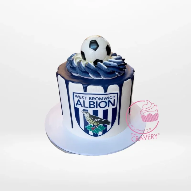 West Bromwich Albion Cake, The Cravery Cake Shop in Smethwick West Bromwich Albion football cake by The Cravery, handcrafted blue and white team celebration cake from our cake shop in Smethwick.