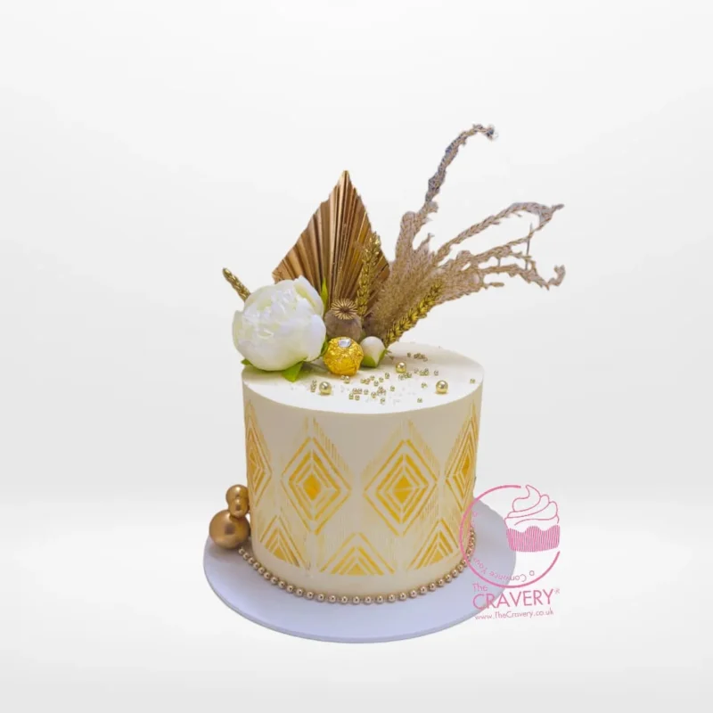 White & Gold Cake, Elegant cake for celebrations in Solihull. White & Gold Cake – A luxury cake with elegant white and gold accents, perfect for celebrations in Solihull.