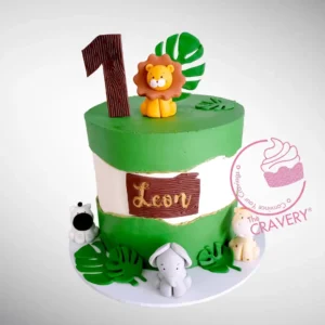1st Birthday Jungle Cake by The Cravery | Birthday Cakes Birmingham 1st Birthday Jungle Cake with handcrafted fondant animals and buttercream jungle design by The Cravery, birthday cakes Birmingham.