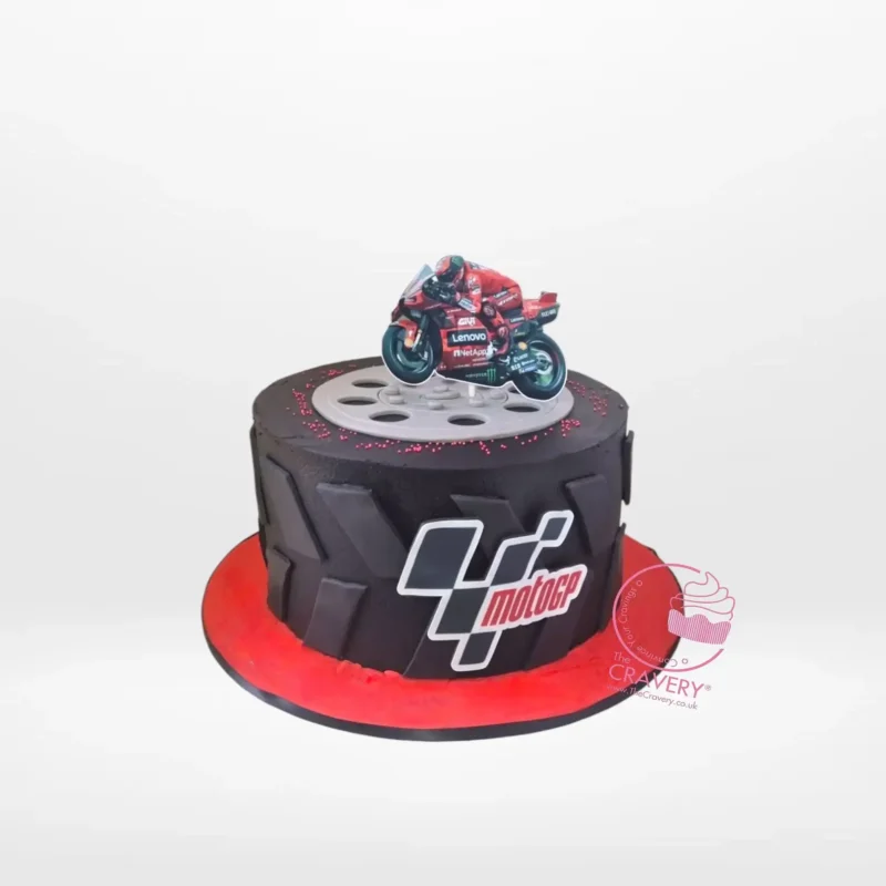 Motorcycle Birthday Cake, The Cravery Erdington Motorcycle Birthday Cake by The Cravery, MotoGP-inspired tyre cake handcrafted at our cake shop in Erdington.