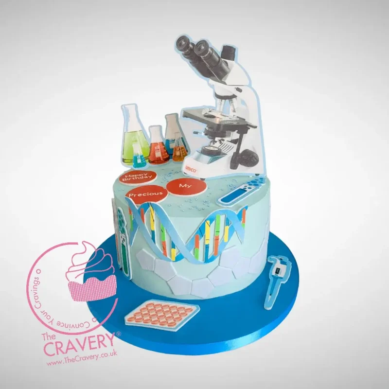 Science Themed Cake with laboratory inspired decorations from Birthday Cakes Delivered Birmingham