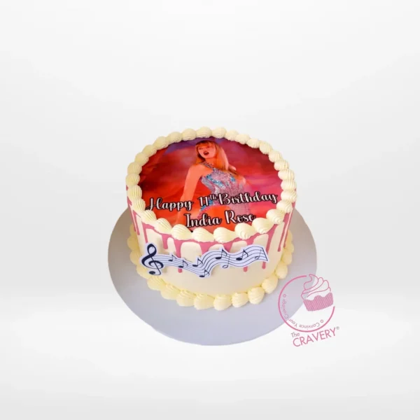 Taylor Swift Birthday Cake – A custom cake inspired by Taylor Swift, adorned with edible gold accents and musical notes for birthday celebrations in Birmingham.