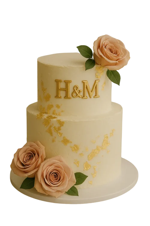 Buttercream wedding cake with gold initials and foil leaf