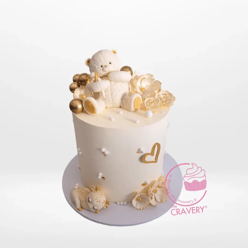Bear Cake | Cake Shop Birmingham City Centre, The Cravery Bear Cake, white fondant bear decorations with non-edible sphere balls and hearts, crafted in Birmingham City Centre