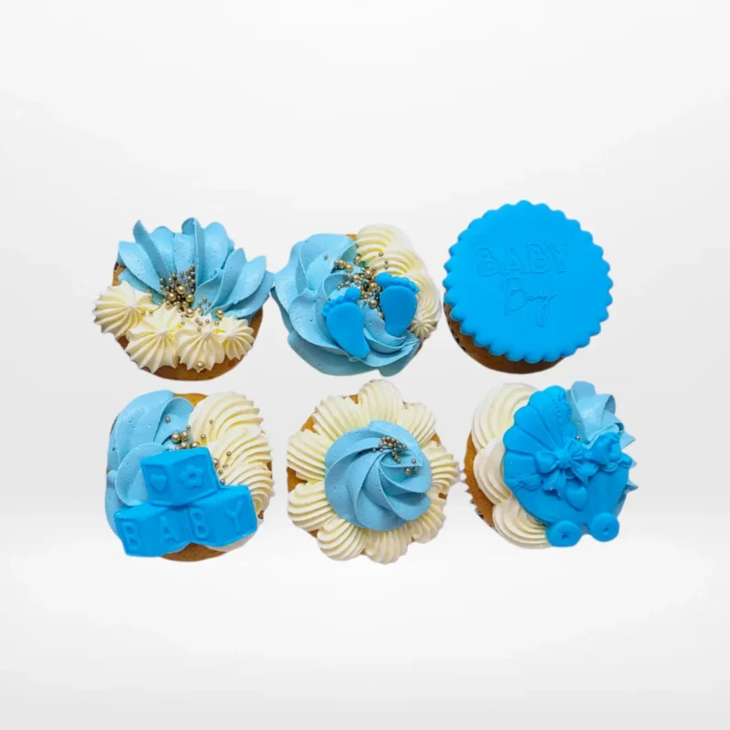 Babyshower Cupcakes for Boy, The Cravery Birmingham Babyshower Cupcakes for Boy by The Cravery, blue and white cupcakes with buttercream frosting and baby-themed decorations, baked fresh in Birmingham.