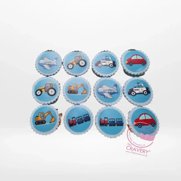 Cupcakes for Birthday with vehicle prints by The Cravery, handcrafted cupcakes made in Solihull.