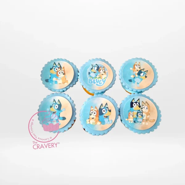 Bluey Cupcakes by The Cravery handcrafted cupcakes with Bluey-themed edible prints, baked fresh in Solihull.