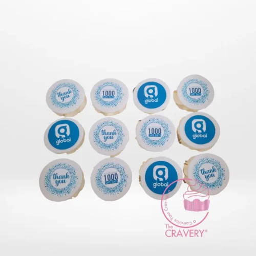 Branded cupcakes with edible printed logos created for Birmingham cupcakes customers.