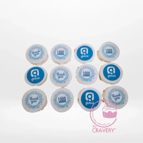 Branded cupcakes with edible printed logos created for Birmingham cupcakes customers.