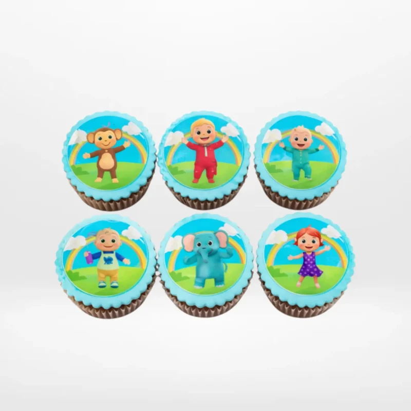 Cocomelon Cupcakes by The Cravery, colourful cupcakes with edible Cocomelon character prints, freshly baked in Sutton Coldfield.
