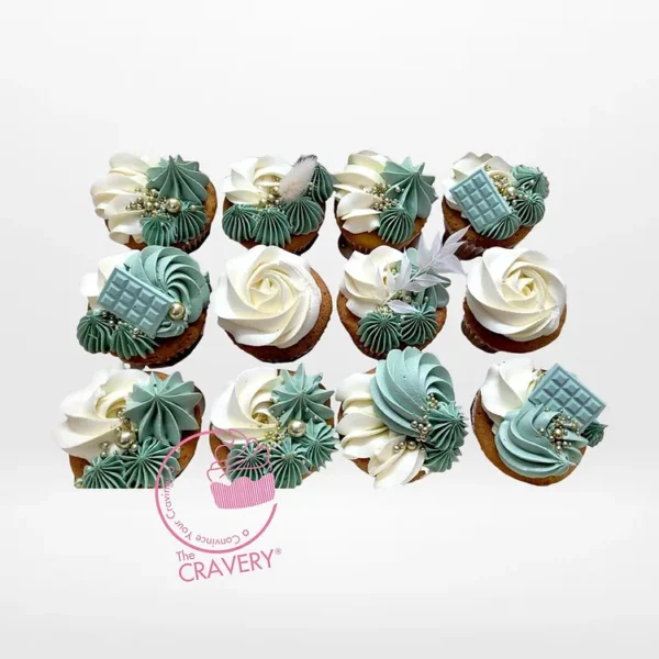 Sage Green and Gold Cupcakes by The Cravery, handcrafted luxury cupcakes with sage buttercream and gold accents, baked in Sutton Coldfield.