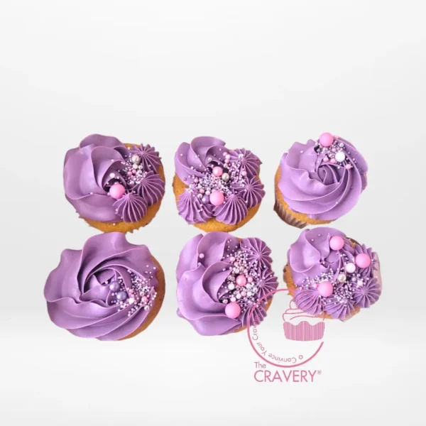 Purple Cupcakes by The Cravery, elegant cupcakes with purple buttercream frosting, freshly baked in Birmingham.