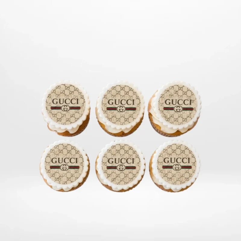 Gucci Cupcakes by The Cravery, luxury brand-themed cupcakes with edible Gucci logo toppers, freshly baked in Sutton Coldfield.