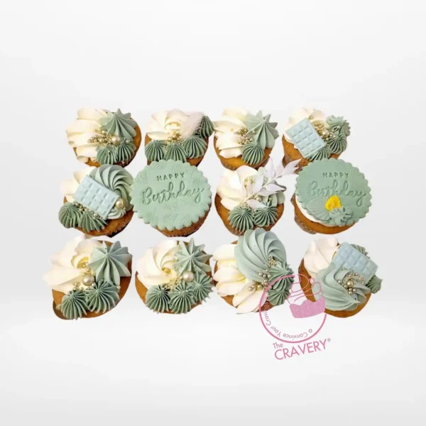 Sage Green Cupcakes by The Cravery, elegant handcrafted cupcakes with sage green buttercream, freshly baked in Birmingham.