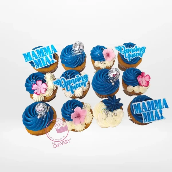 Mamma Mia Cupcakes by The Cravery, handcrafted, musical-themed cupcakes with disco designs, freshly baked in Solihull.