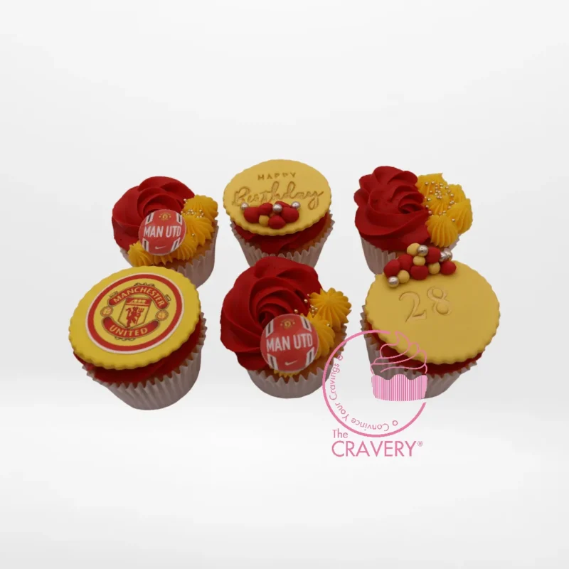 Man Utd Cupcakes, The Cravery Solihull Man Utd Cupcakes by The Cravery, red and white cupcakes topped with Manchester United edible logos, baked fresh in Solihull.