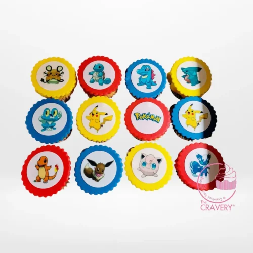 Pokemon Cupcakes by The Cravery, colourful cupcakes with edible Pokemon toppers, baked fresh in Birmingham.