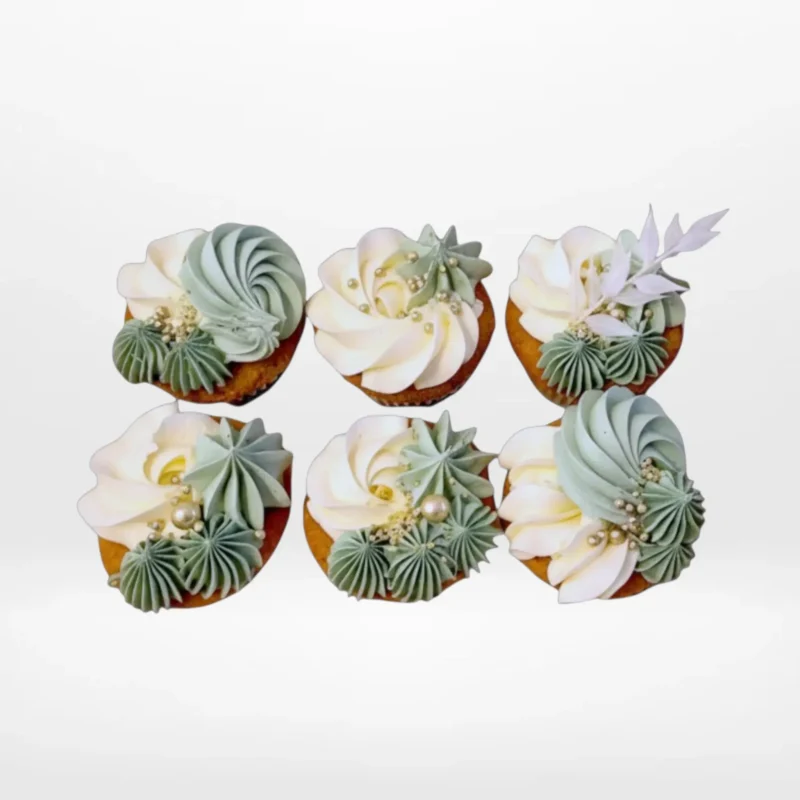 Sage Green and White Cupcakes, The Cravery Walsall Sage Green and White Cupcakes by The Cravery – elegant handcrafted cupcakes with buttercream swirls, baked fresh in Walsall.