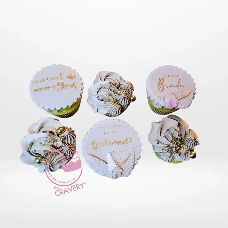 Bridesmaid Cupcakes, The Cravery Sutton Coldfield Bridesmaid Cupcakes by The Cravery, elegant handcrafted cupcakes with floral and metallic decorations, baked fresh in Sutton Coldfield.