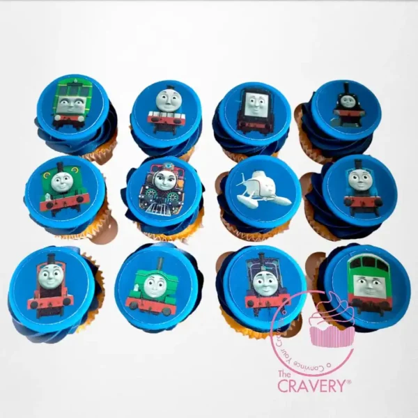 Thomas the Tank Cupcakes by The Cravery, cupcakes topped with edible Thomas the Tank Engine prints, baked fresh in Birmingham.