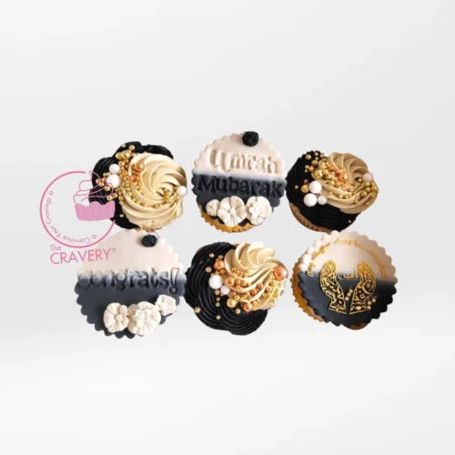 Umrah Mubarak Cupcakes by The Cravery, elegant Islamic-themed cupcakes baked fresh in Birmingham.