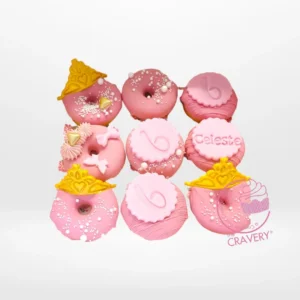 Princess Doughnut decorated with elegant royal themed details from a cake doughnut shop in Birmingham.