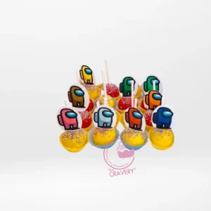 Among Us cakepops in bright colours with character visor details, handcrafted by the best bakery in Birmingham.