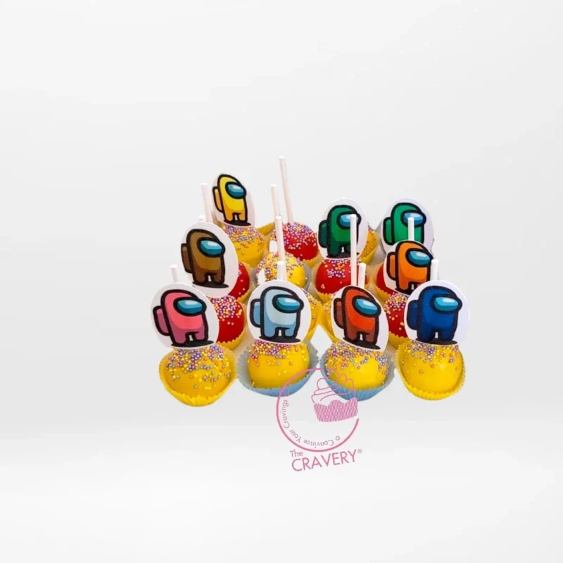 Among Us Cakepops, Best Bakery Birmingham Among Us cakepops in bright colours with character visor details, handcrafted by the best bakery in Birmingham.